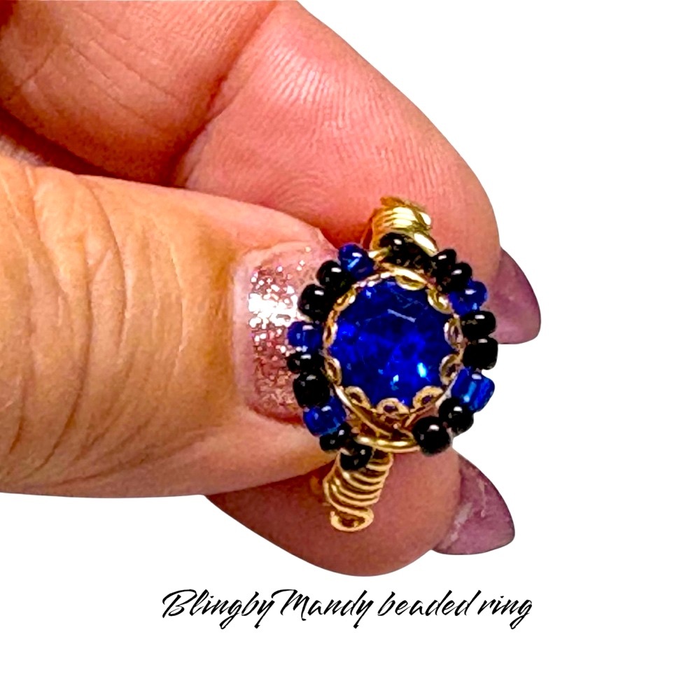 Gold and Blue Beaded Ring